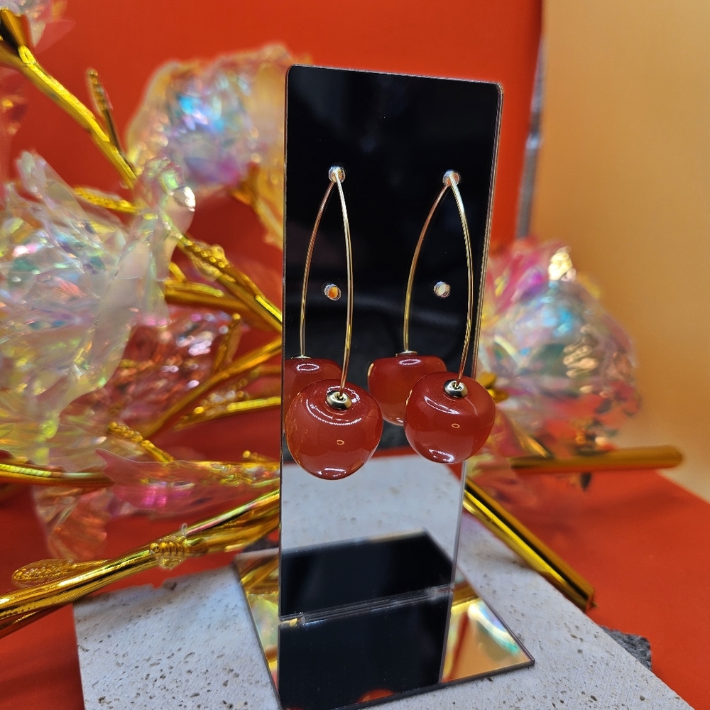 Gold Cherry Charm Drop Earrings | Red Bead Dangle | NEW